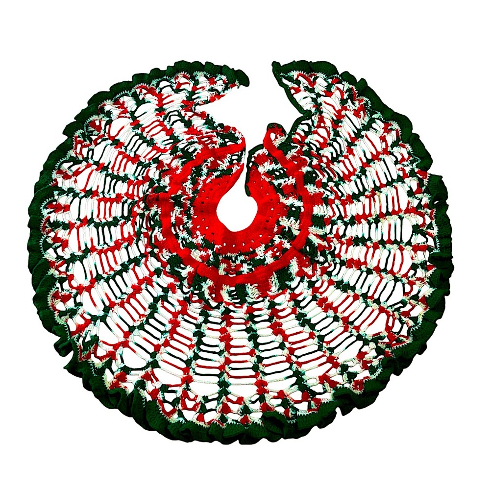 Vintage Handmade‎ Red Green White Granny’s Boho Crocheted Christmas Tree Skirt